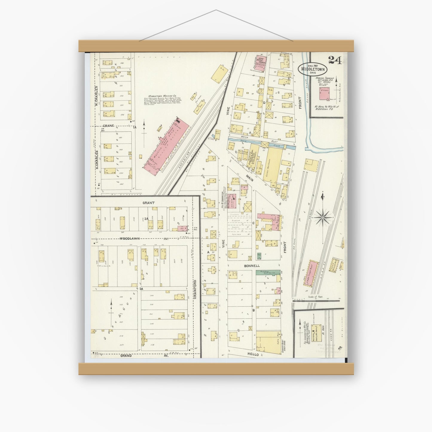 Old map wall art mockup — magnetic wood frame on white wall — Sanborn Fire Insurance Map from Middletown, Butler County, Ohio (1907), Sheet #0024
