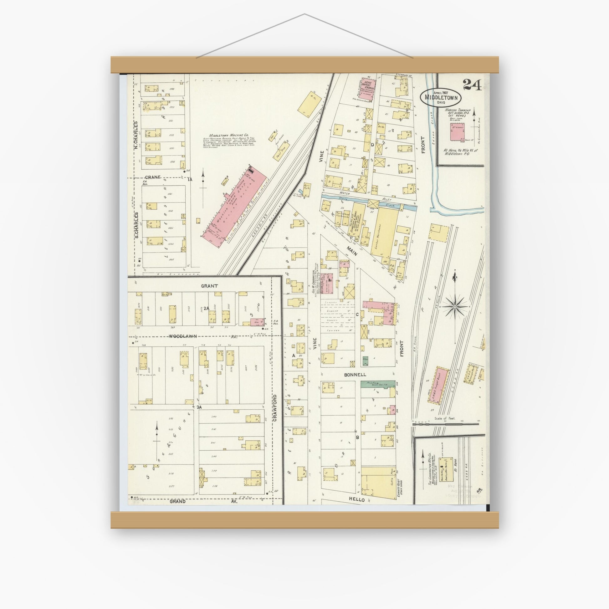 Old map wall art mockup — magnetic wood frame on white wall — Sanborn Fire Insurance Map from Middletown, Butler County, Ohio (1907), Sheet #0024