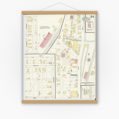 Old map wall art mockup — magnetic wood frame on white wall — Sanborn Fire Insurance Map from Middletown, Butler County, Ohio (1907), Sheet #0024