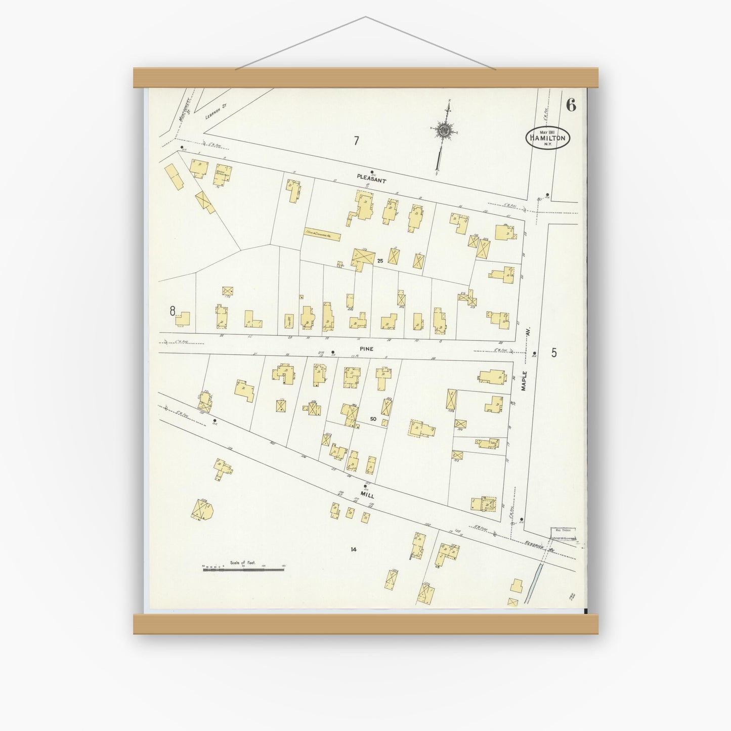 Old map wall art mockup — magnetic wood frame on white wall — Sanborn Fire Insurance Map from Hamilton, Madison County, New York (1911), Sheet #0006