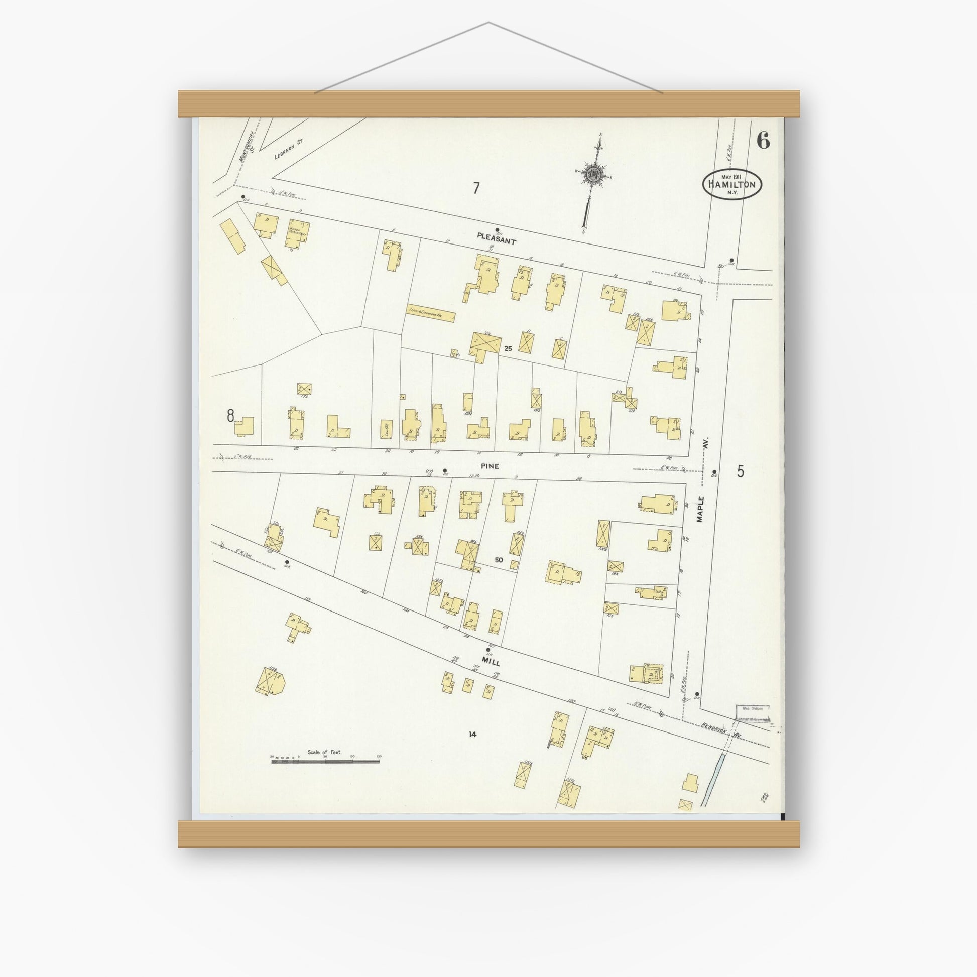 Old map wall art mockup — magnetic wood frame on white wall — Sanborn Fire Insurance Map from Hamilton, Madison County, New York (1911), Sheet #0006