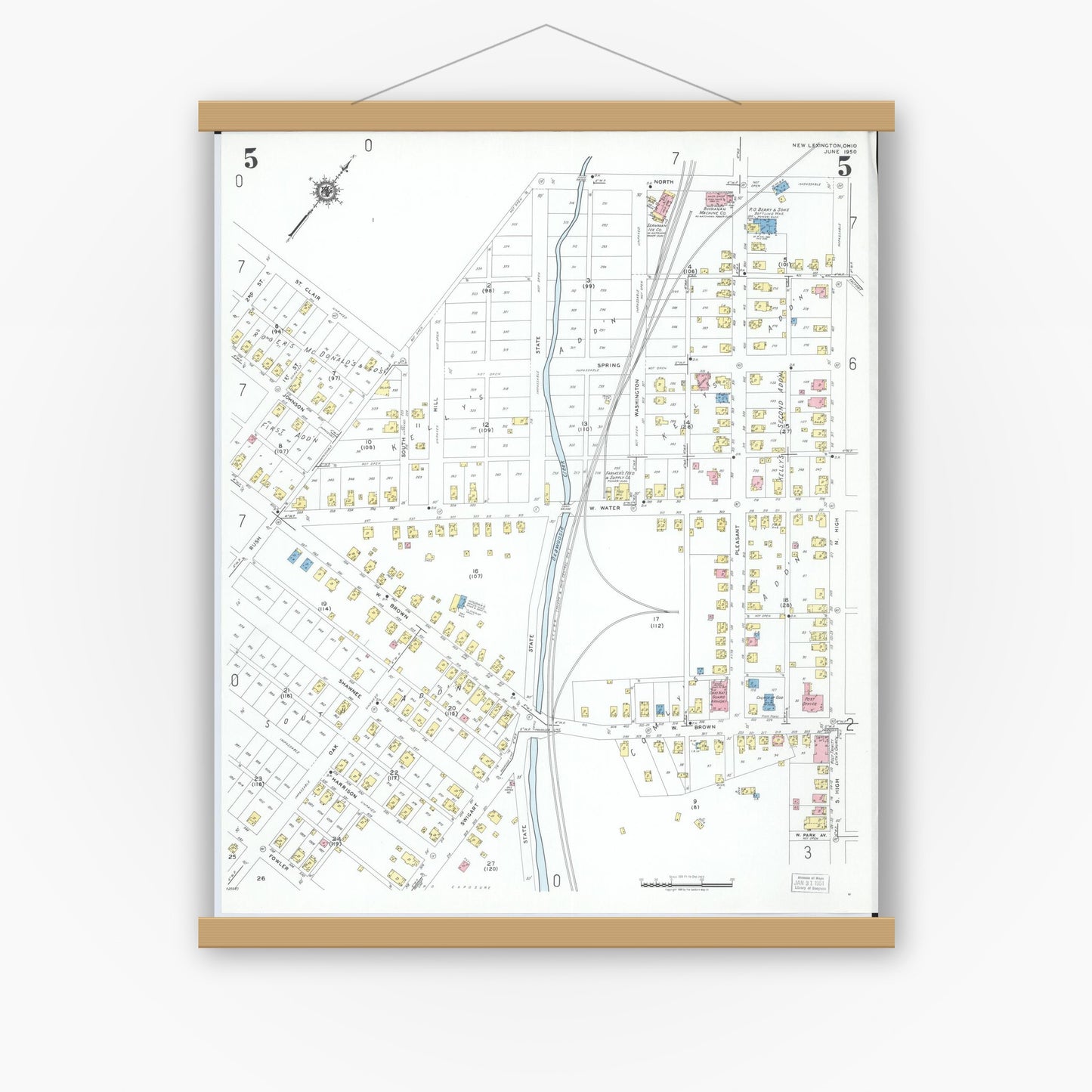 Old map wall art mockup — magnetic wood frame on white wall — Sanborn Fire Insurance Map from New Lexington, Perry County, Ohio (1950), Sheet #0005