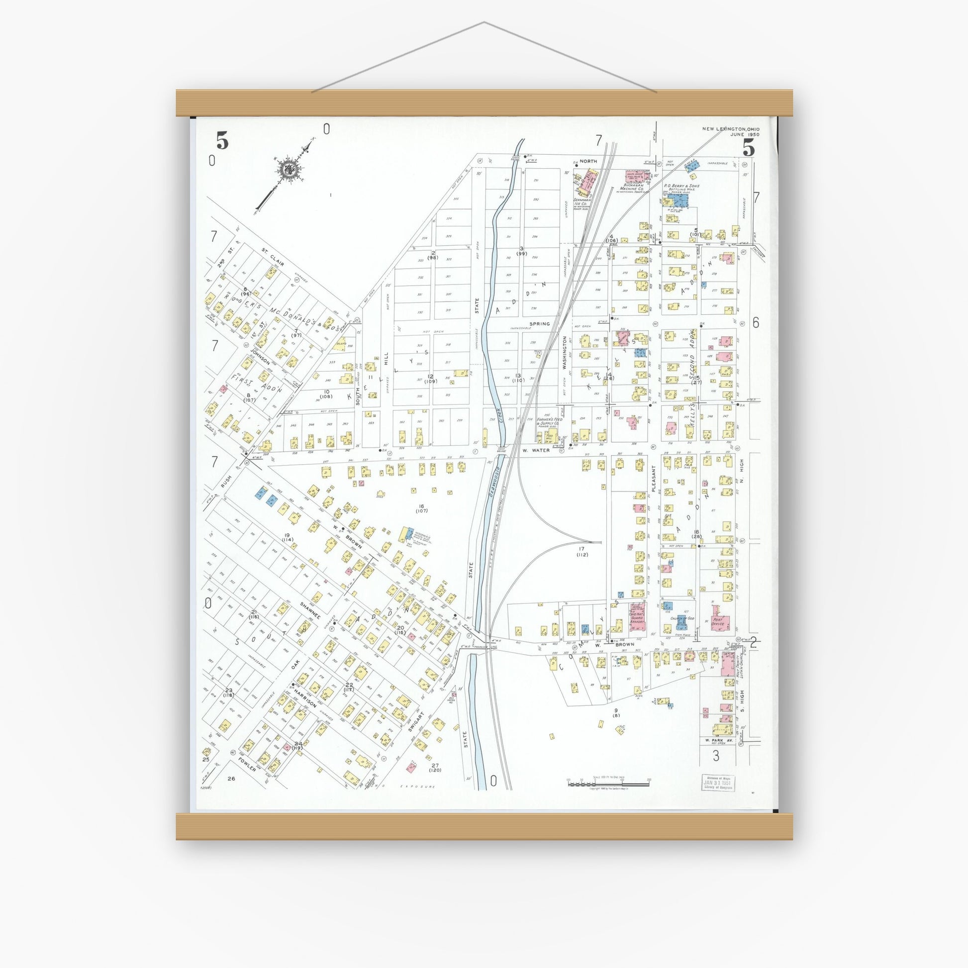 Old map wall art mockup — magnetic wood frame on white wall — Sanborn Fire Insurance Map from New Lexington, Perry County, Ohio (1950), Sheet #0005
