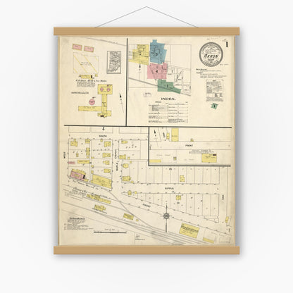 Old map wall art mockup — magnetic wood frame on white wall — Sanborn Fire Insurance Map from Akron, Fulton County, Indiana (1912), Sheet #0001