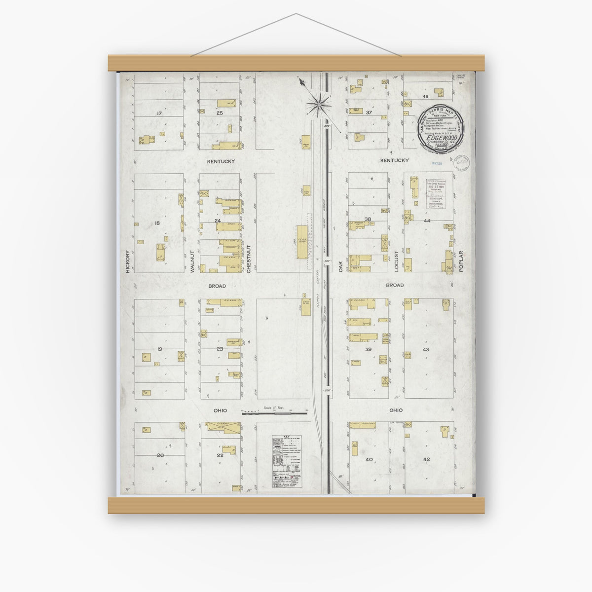 Old map wall art mockup — magnetic wood frame on white wall — Sanborn Fire Insurance Map from Edgewood, Effingham County, Illinois (1900), Sheet #0001