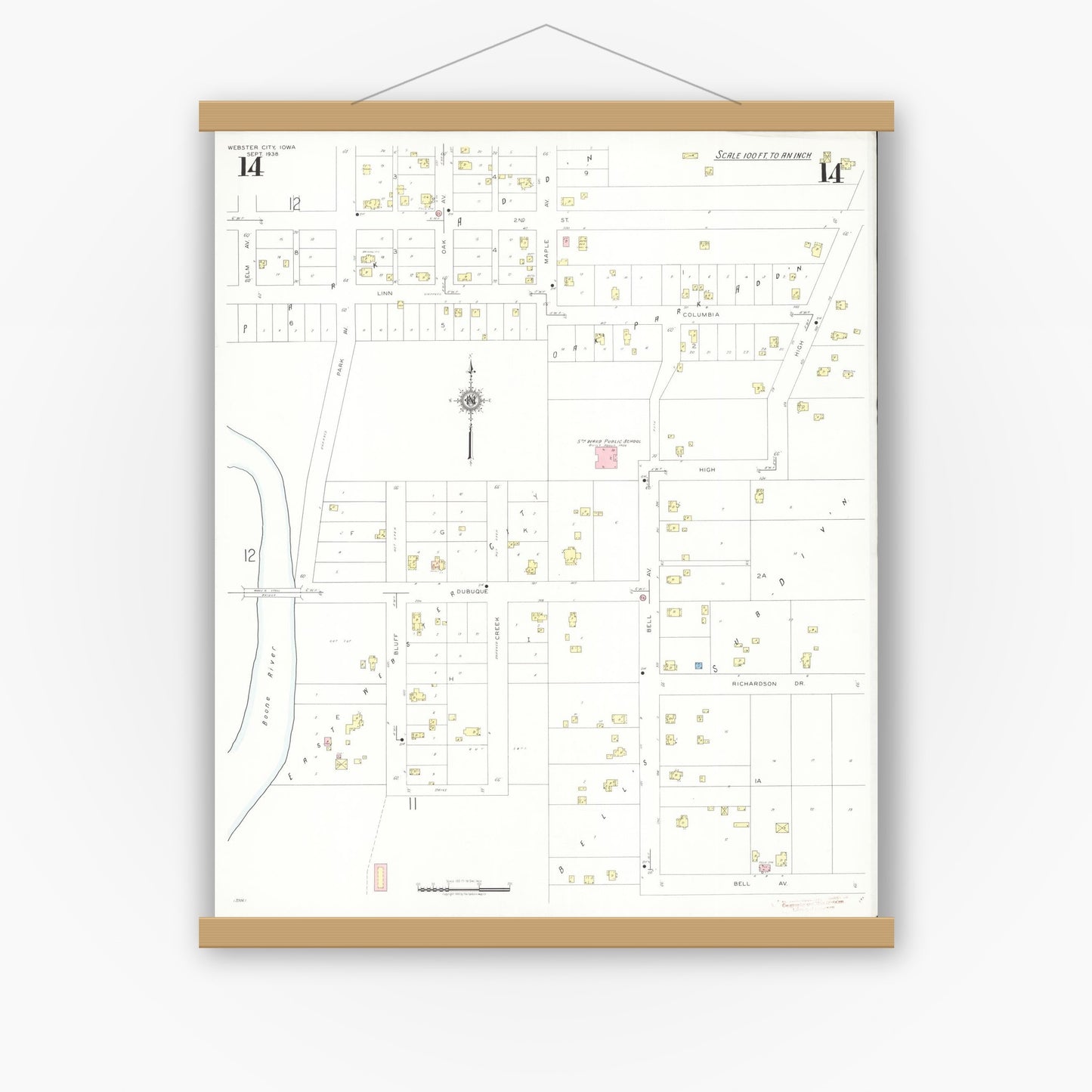 Old map wall art mockup — magnetic wood frame on white wall — Sanborn Fire Insurance Map from Webster City, Hamilton County, Iowa (1938), Sheet #0014