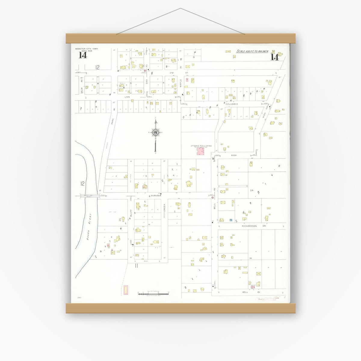 Old map wall art mockup — magnetic wood frame on white wall — Sanborn Fire Insurance Map from Webster City, Hamilton County, Iowa (1938), Sheet #0014