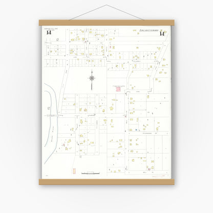 Old map wall art mockup — magnetic wood frame on white wall — Sanborn Fire Insurance Map from Webster City, Hamilton County, Iowa (1938), Sheet #0014