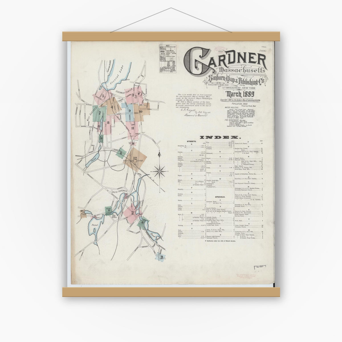Old map wall art mockup — magnetic wood frame on white wall — Sanborn Fire Insurance Map from Gardner, Worcester County, Massachusetts (1889), Sheet #0001
