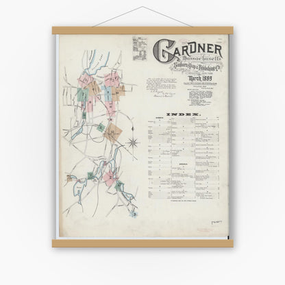 Old map wall art mockup — magnetic wood frame on white wall — Sanborn Fire Insurance Map from Gardner, Worcester County, Massachusetts (1889), Sheet #0001