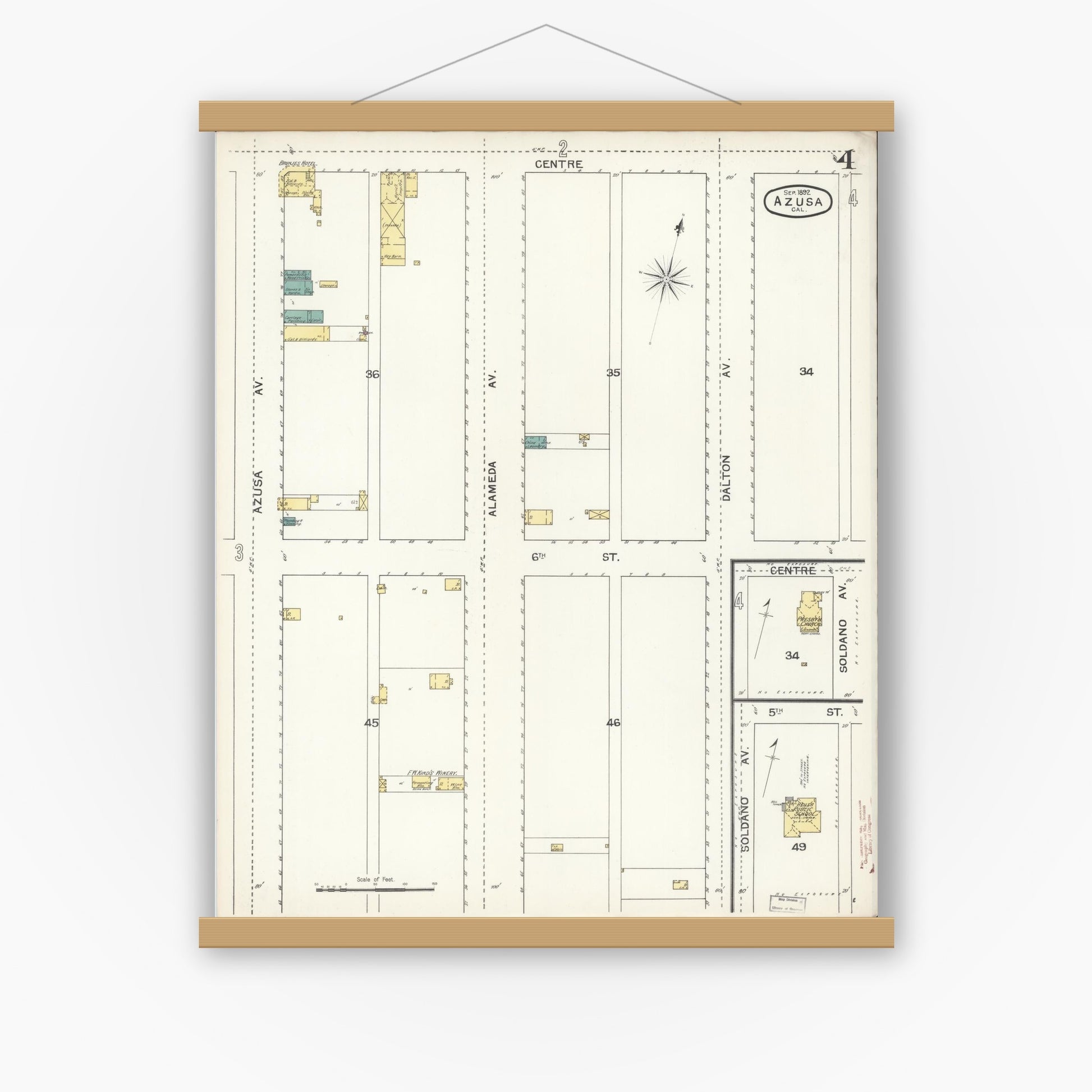 Old map wall art mockup — magnetic wood frame on white wall — Sanborn Fire Insurance Map from Azusa, Los Angeles County, California (1892), Sheet #0004