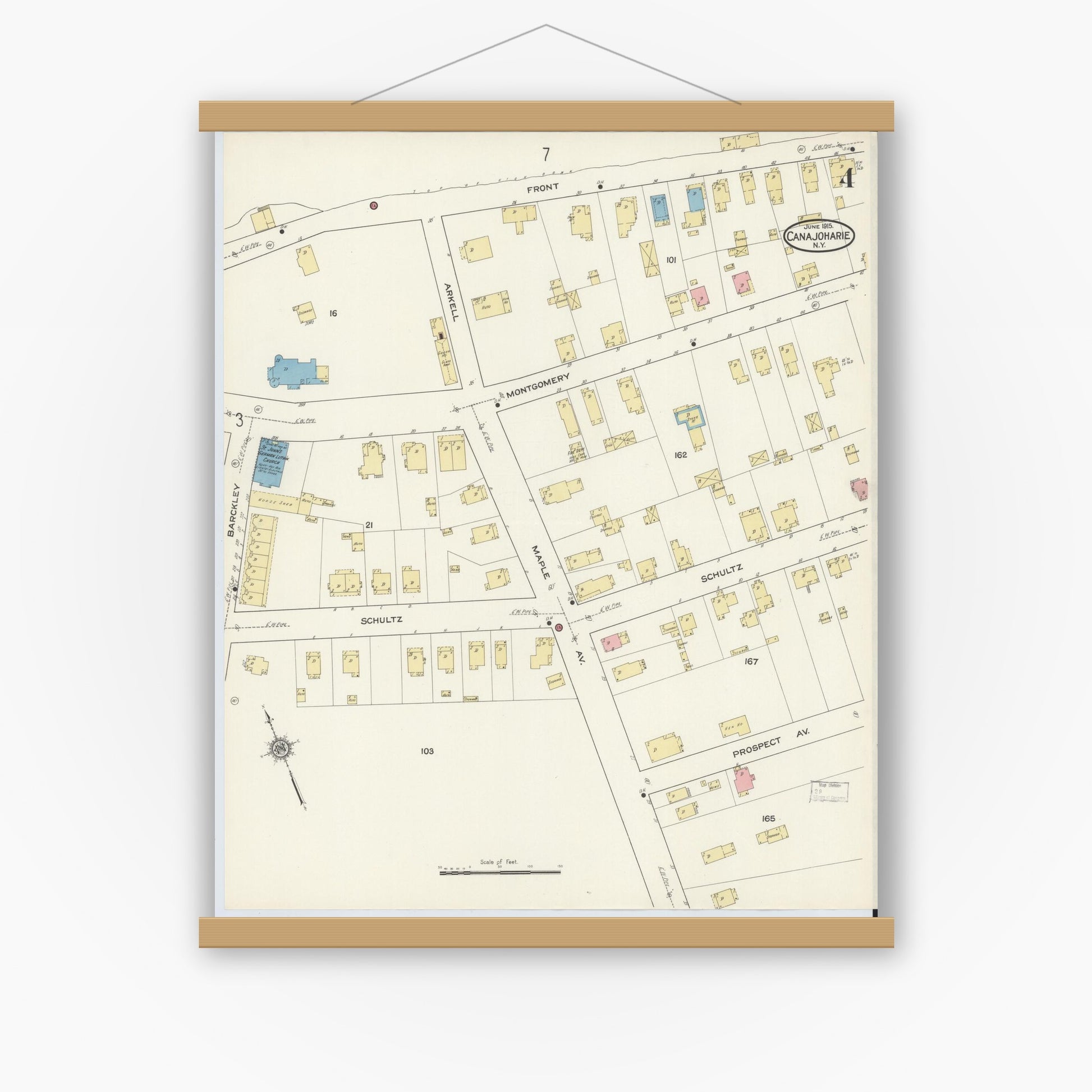 Old map wall art mockup — magnetic wood frame on white wall — Sanborn Fire Insurance Map from Canajoharie, Montgomery County, New York (1915), Sheet #0004