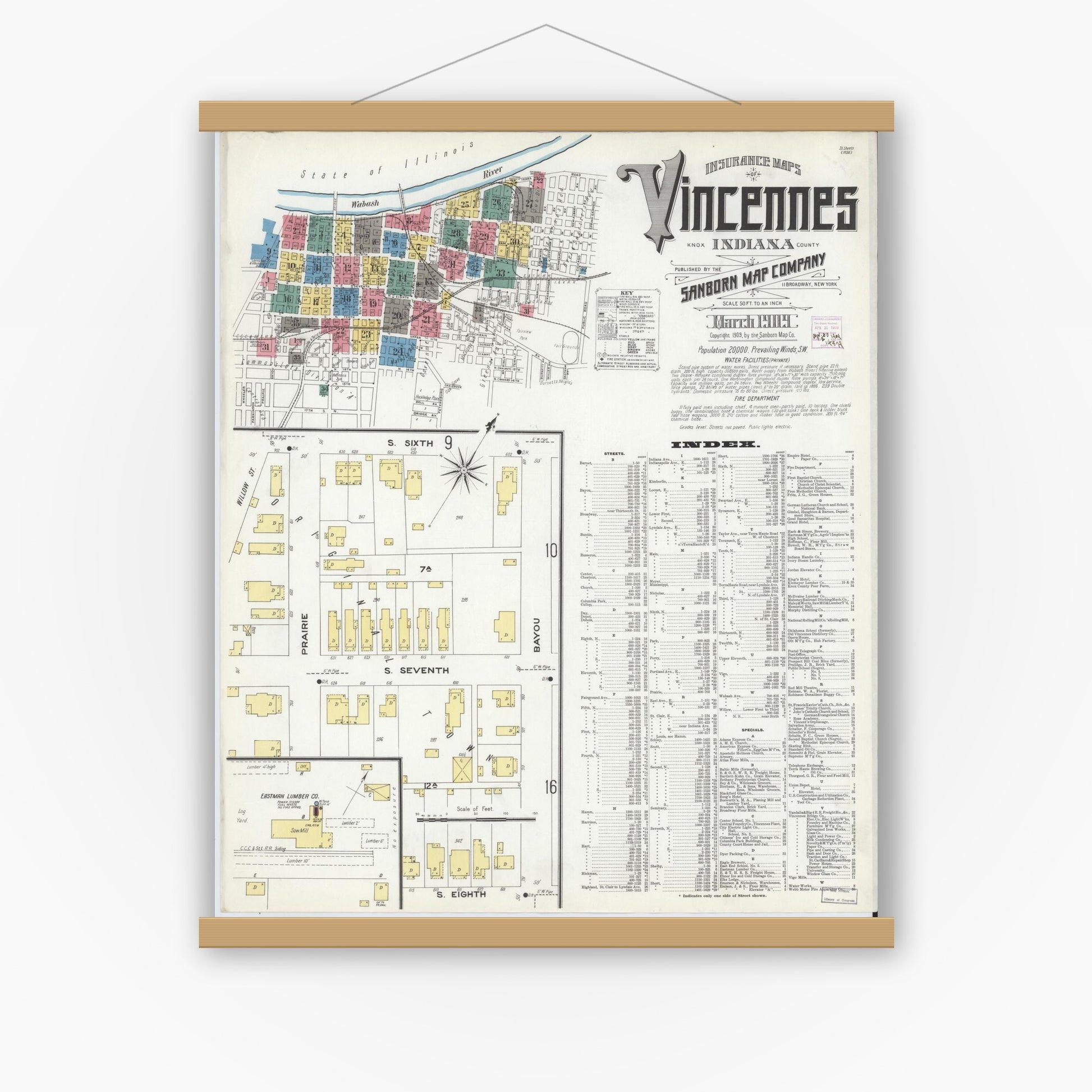 Old map wall art mockup — magnetic wood frame on white wall — Sanborn Fire Insurance Map from Vincennes, Knox County, Indiana (1909) - Complete Map Set