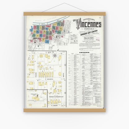 Old map wall art mockup — magnetic wood frame on white wall — Sanborn Fire Insurance Map from Vincennes, Knox County, Indiana (1909) - Complete Map Set