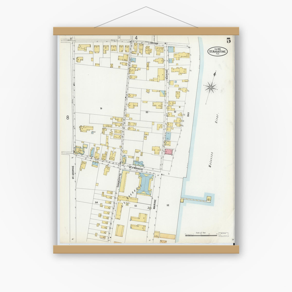 Old map wall art mockup — magnetic wood frame on white wall — Sanborn Fire Insurance Map from Saint Augustine, Saint John's County, Florida (1899), Sheet #0005