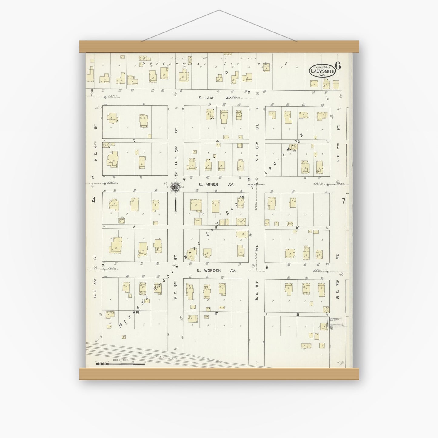 Old map wall art mockup — magnetic wood frame on white wall — Sanborn Fire Insurance Map from Ladysmith, Rusk County, Wisconsin (1914), Sheet #0006