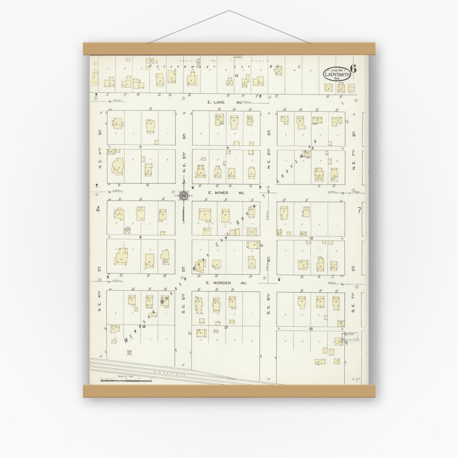 Old map wall art mockup — magnetic wood frame on white wall — Sanborn Fire Insurance Map from Ladysmith, Rusk County, Wisconsin (1914), Sheet #0006