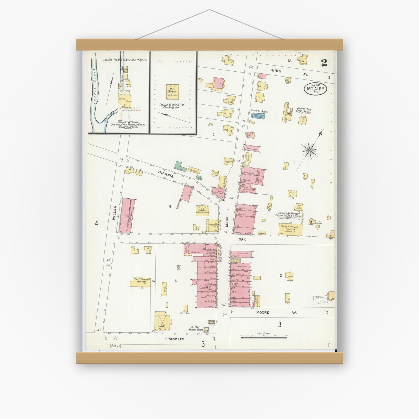 Old map wall art mockup — magnetic wood frame on white wall — Sanborn Fire Insurance Map from Mount Airy, Surry County, North Carolina (1900), Sheet #0002