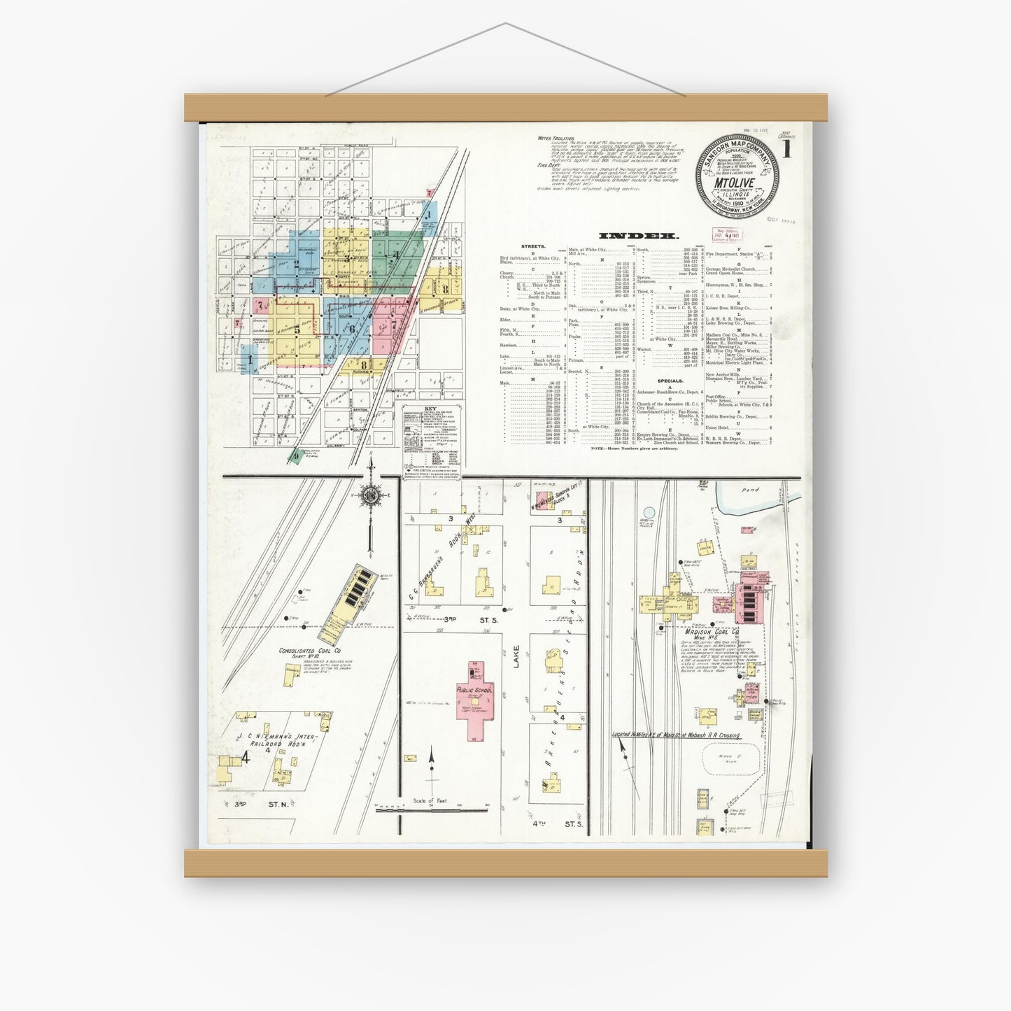 Old map wall art mockup — magnetic wood frame on white wall — Sanborn Fire Insurance Map from Mount Olive, Macoupin County, Illinois (1910) - Complete Map Set