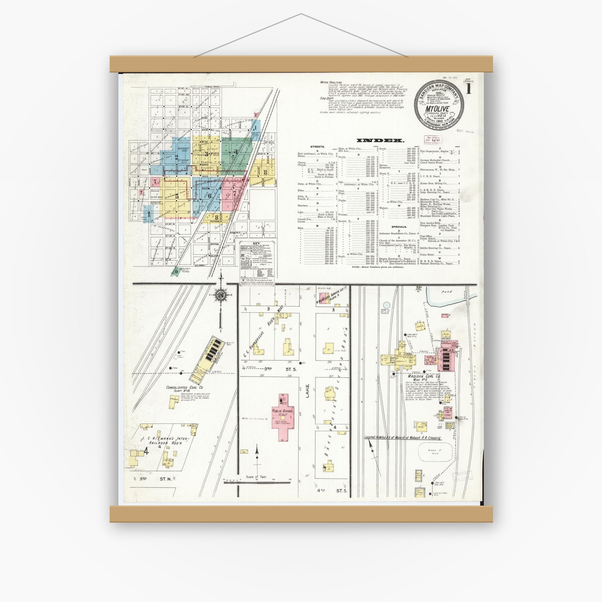 Old map wall art mockup — magnetic wood frame on white wall — Sanborn Fire Insurance Map from Mount Olive, Macoupin County, Illinois (1910) - Complete Map Set