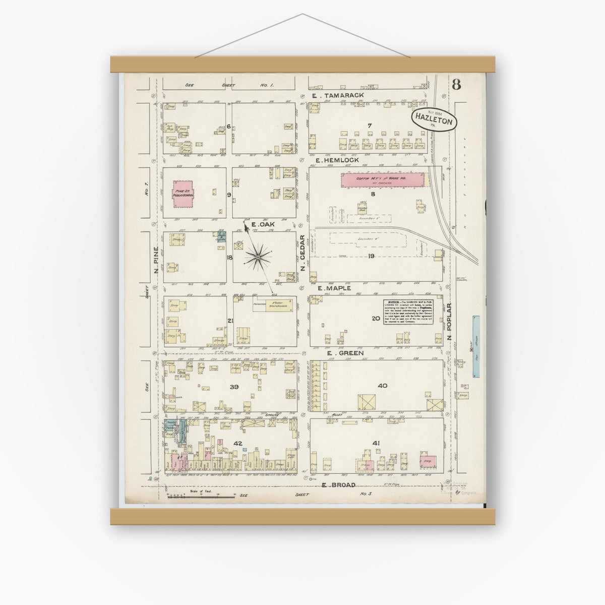 Old map wall art mockup — magnetic wood frame on white wall — Sanborn Fire Insurance Map from Hazleton, Luzerne County, Pennsylvania (1884), Sheet #0008