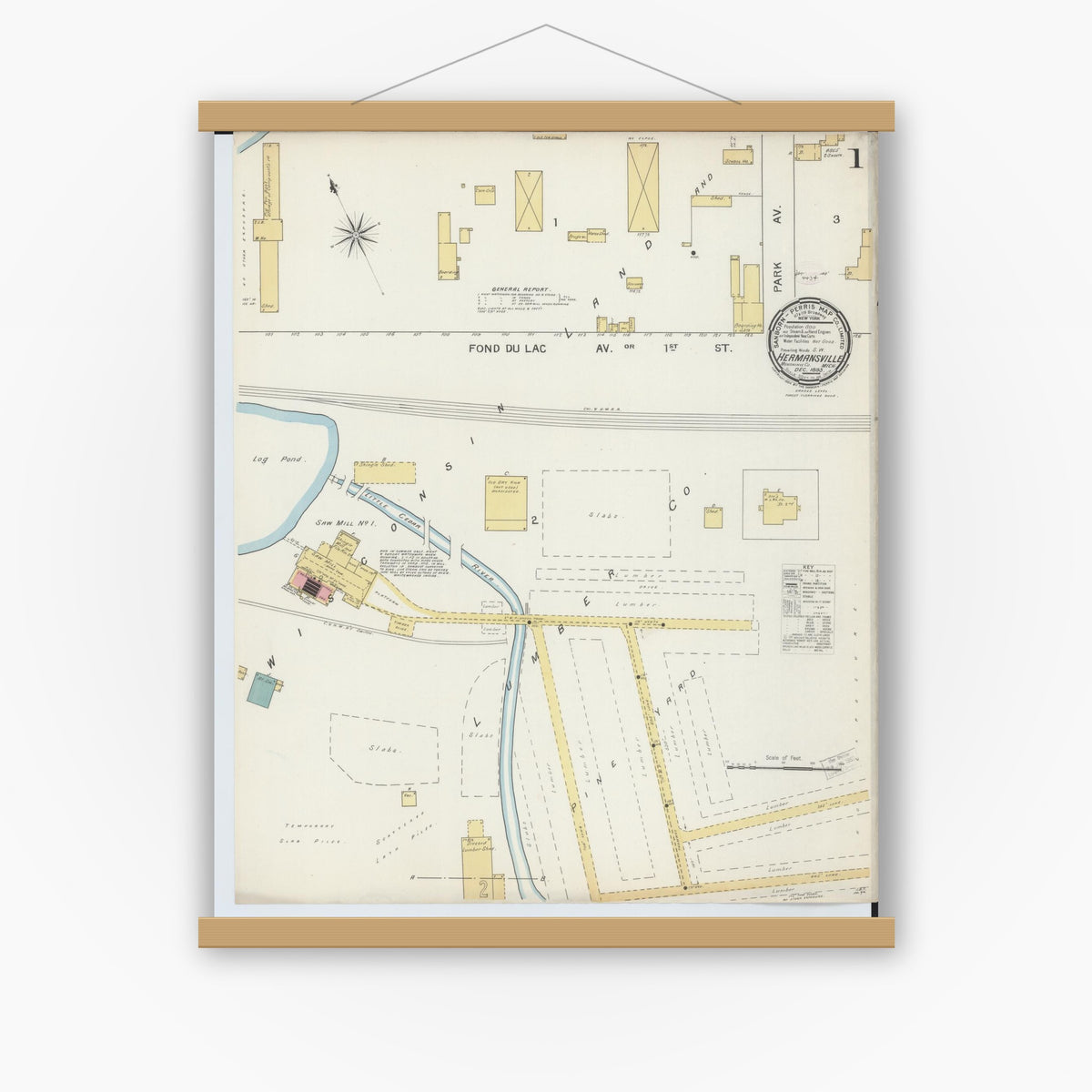 Old map wall art mockup — magnetic wood frame on white wall — Sanborn Fire Insurance Map from Hermansville, Menominee County, Michigan (1893), Sheet #0001
