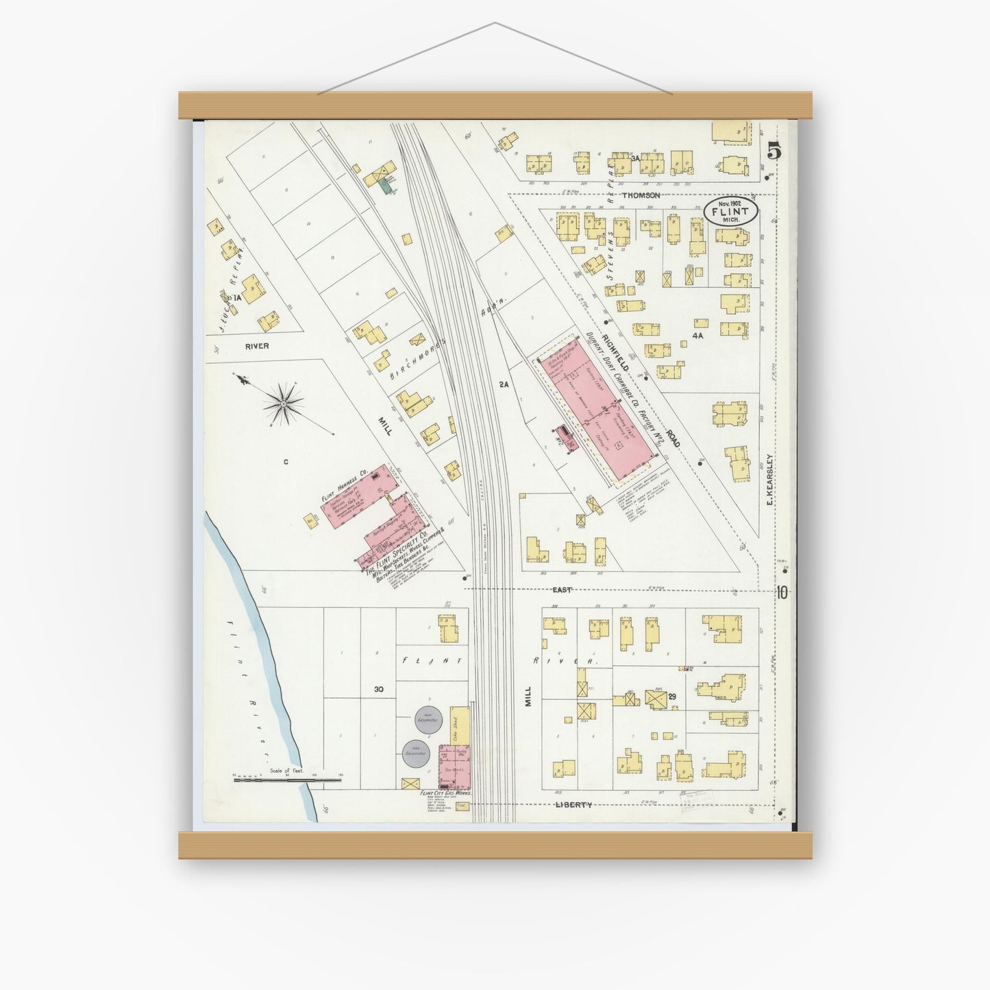 Old map wall art mockup — magnetic wood frame on white wall — Sanborn Fire Insurance Map from Flint, Genesee County, Michigan (1902), Sheet #0005