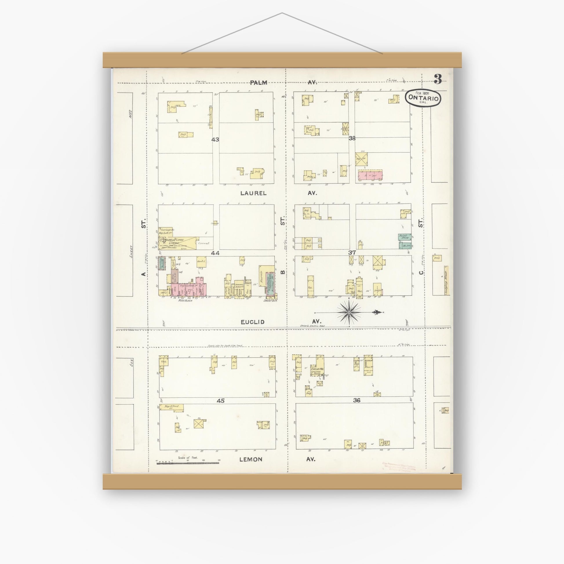 Old map wall art mockup — magnetic wood frame on white wall — Sanborn Fire Insurance Map from Ontario, San Bernardino County, California (1891), Sheet #0003