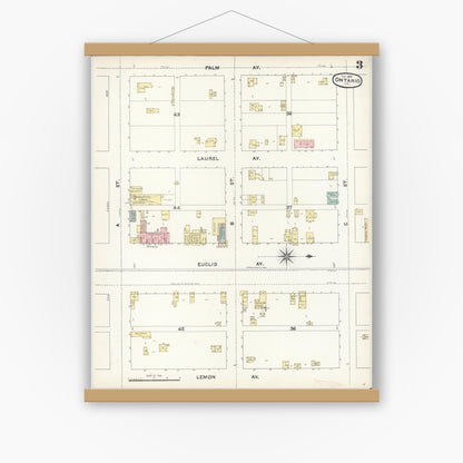 Old map wall art mockup — magnetic wood frame on white wall — Sanborn Fire Insurance Map from Ontario, San Bernardino County, California (1891), Sheet #0003