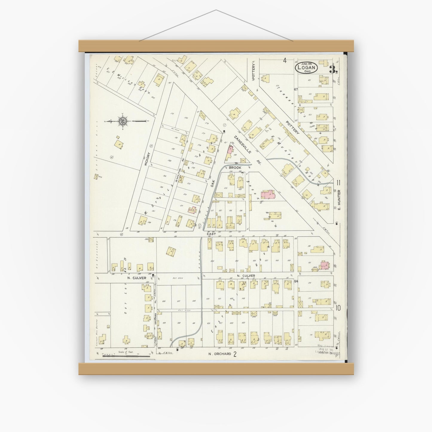 Old map wall art mockup — magnetic wood frame on white wall — Sanborn Fire Insurance Map from Logan, Hocking County, Ohio (1914), Sheet #0003