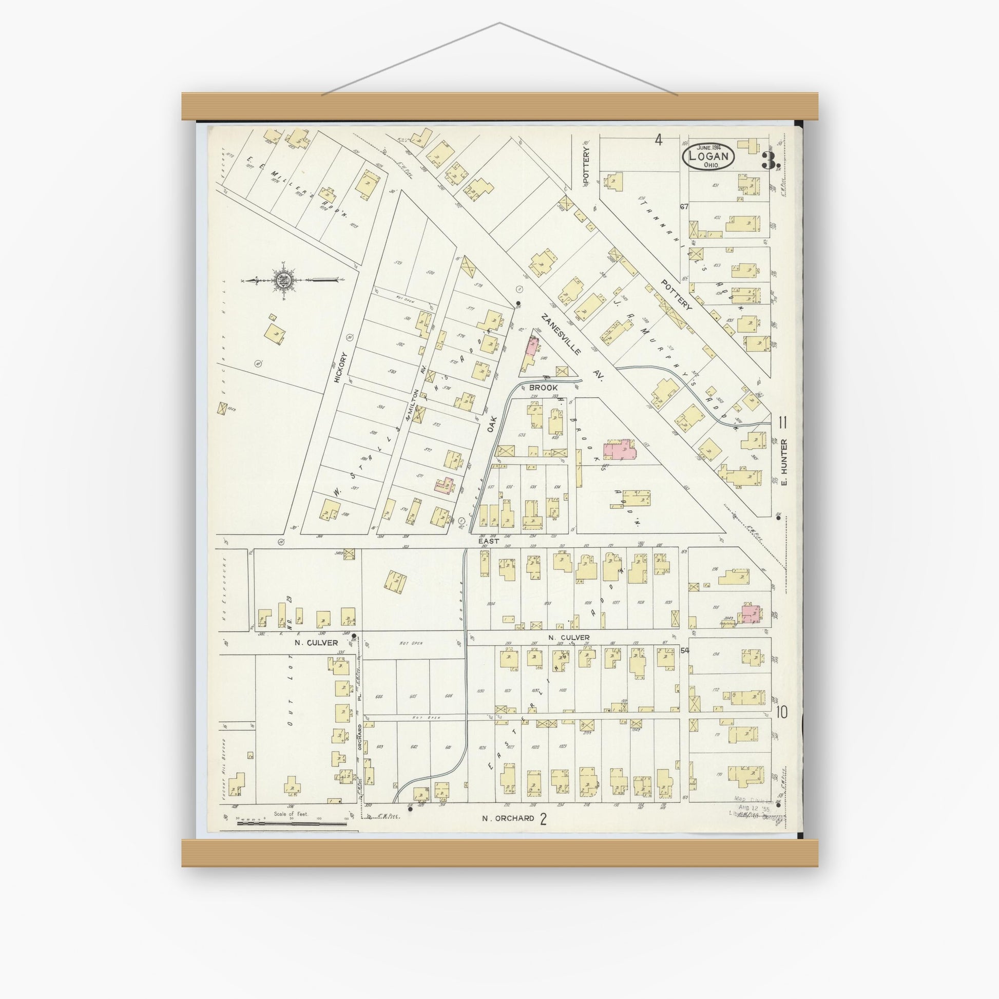 Old map wall art mockup — magnetic wood frame on white wall — Sanborn Fire Insurance Map from Logan, Hocking County, Ohio (1914), Sheet #0003