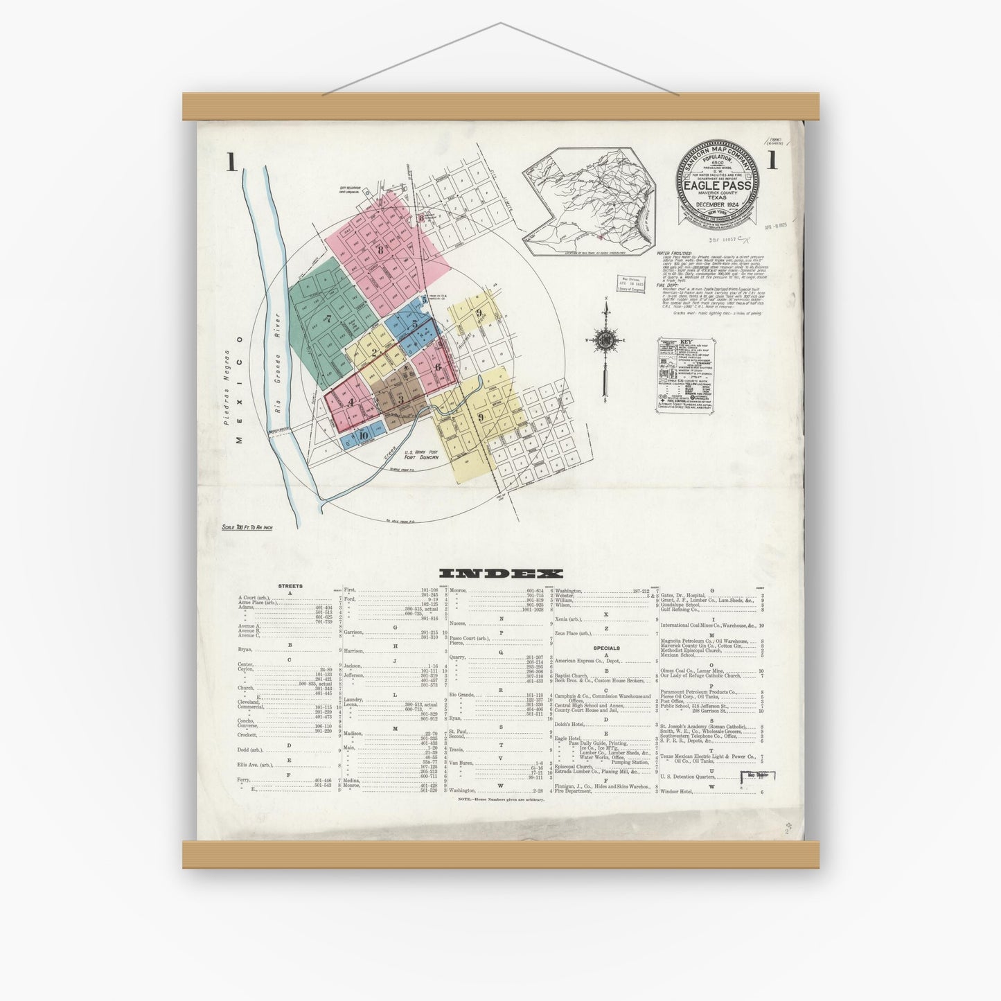 Old map wall art mockup — magnetic wood frame on white wall — Sanborn Fire Insurance Map from Eagle Pass, Maverick County, Texas (1924), Sheet #0001