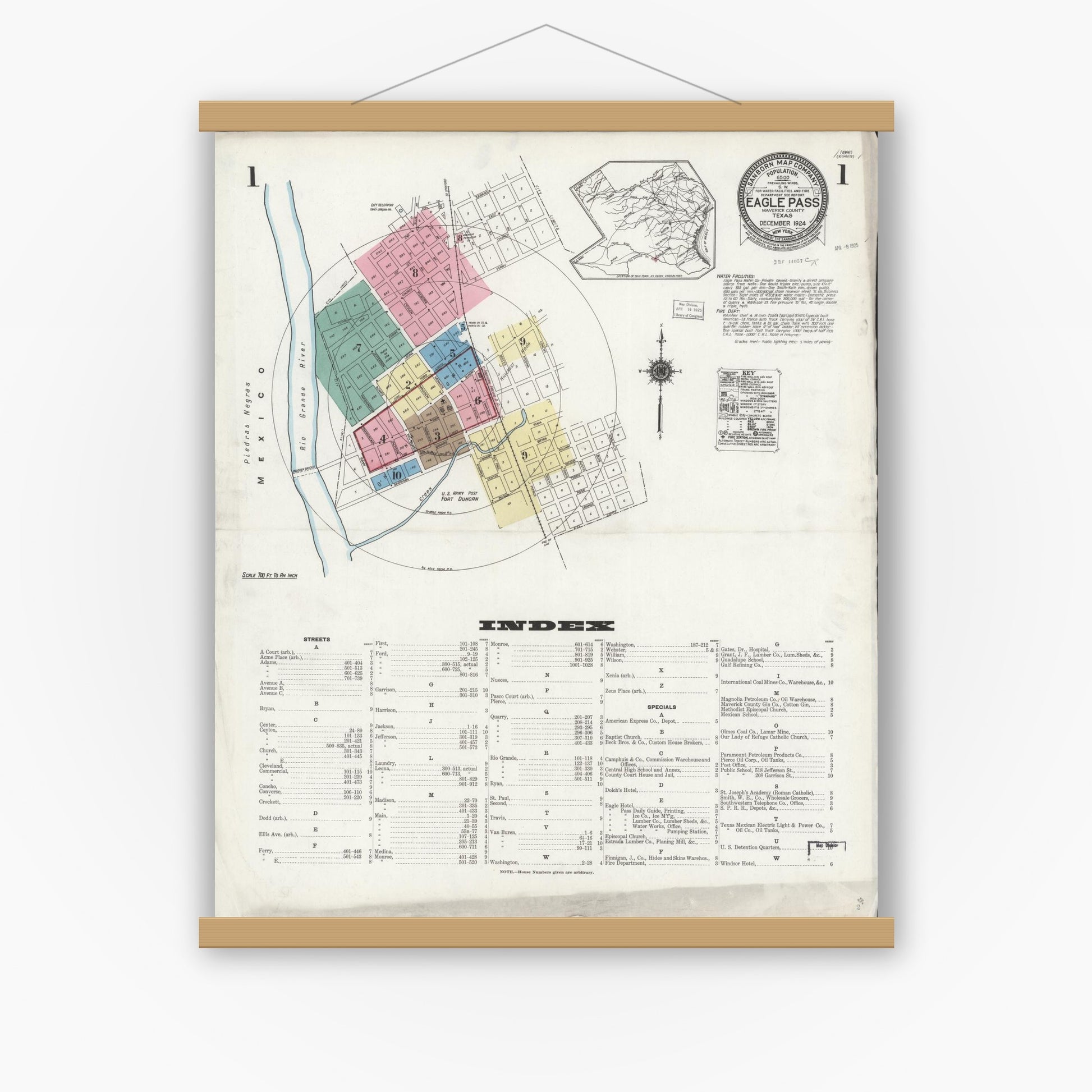 Old map wall art mockup — magnetic wood frame on white wall — Sanborn Fire Insurance Map from Eagle Pass, Maverick County, Texas (1924), Sheet #0001