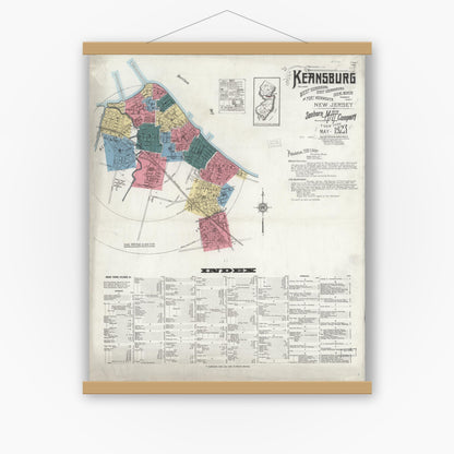 Old map wall art mockup — magnetic wood frame on white wall — Sanborn Fire Insurance Map from Keansburg, Monmouth County, New Jersey (1923), Sheet #0001