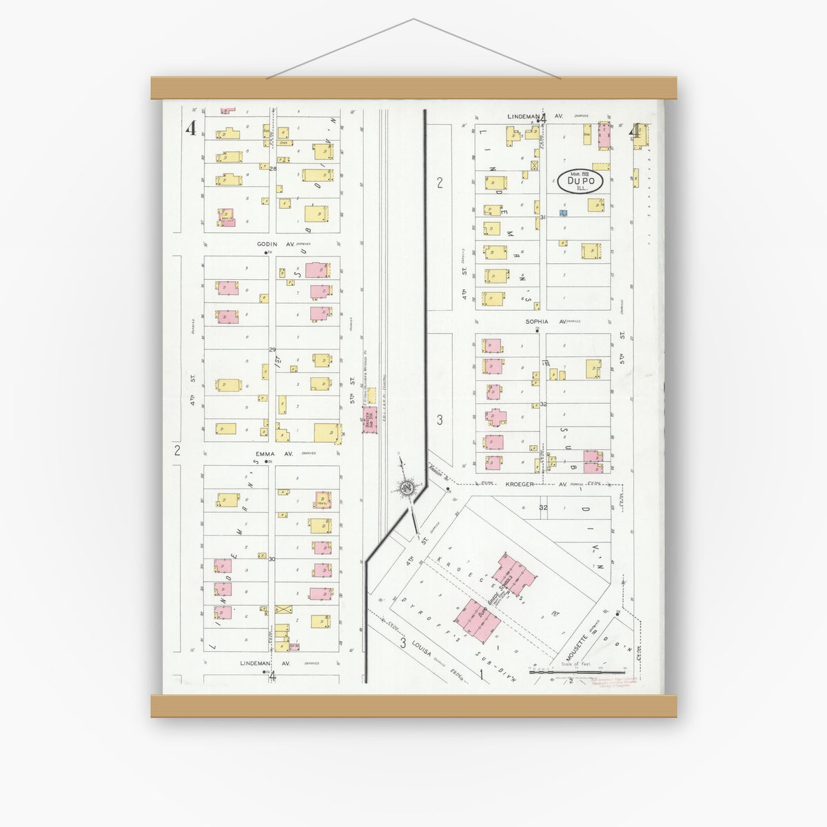 Old map wall art mockup — magnetic wood frame on white wall — Sanborn Fire Insurance Map from Dupo, Saint Clair County, Illinois (1928), Sheet #0004