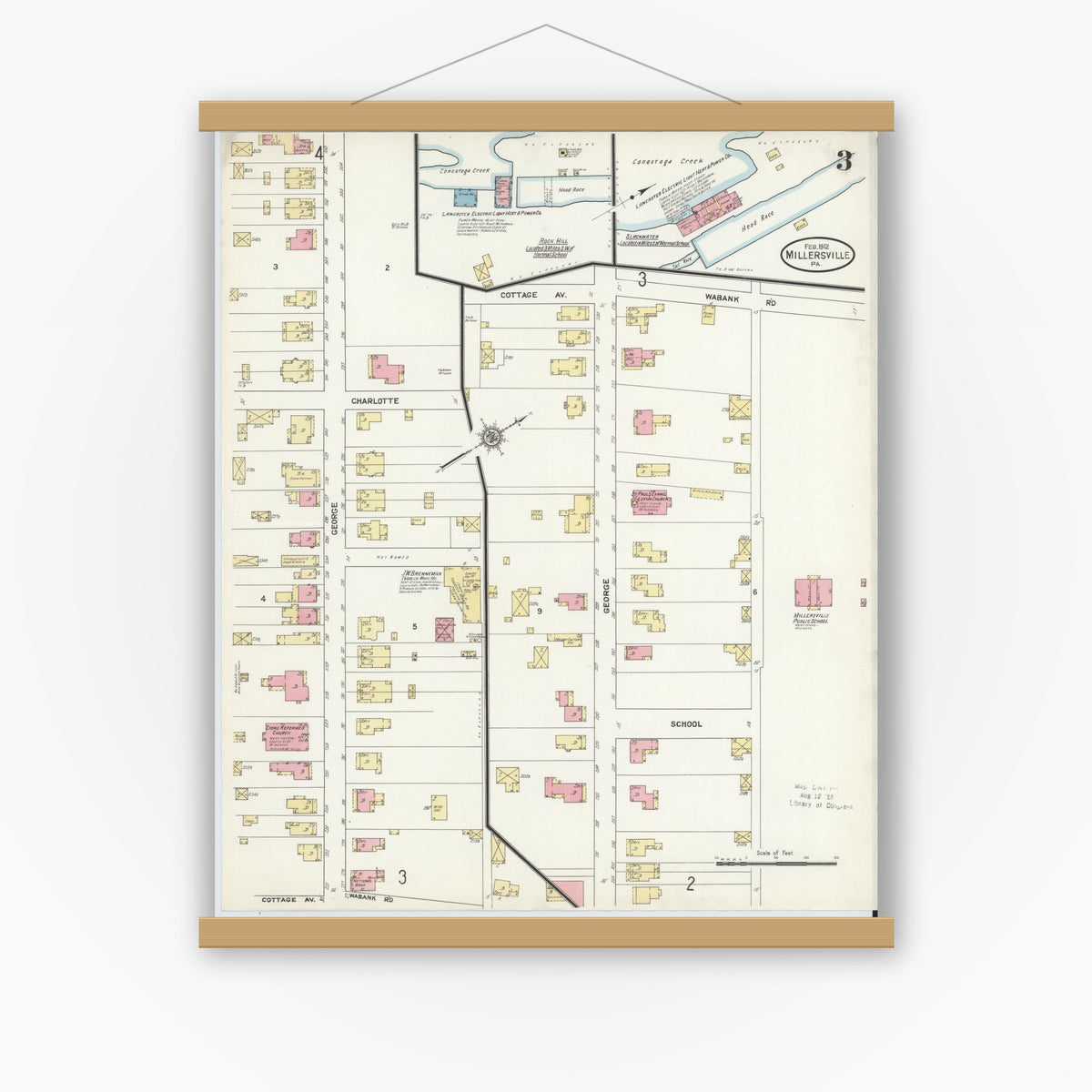 Old map wall art mockup — magnetic wood frame on white wall — Sanborn Fire Insurance Map from Millersville, Lancaster County, Pennsylvania (1912), Sheet #0003