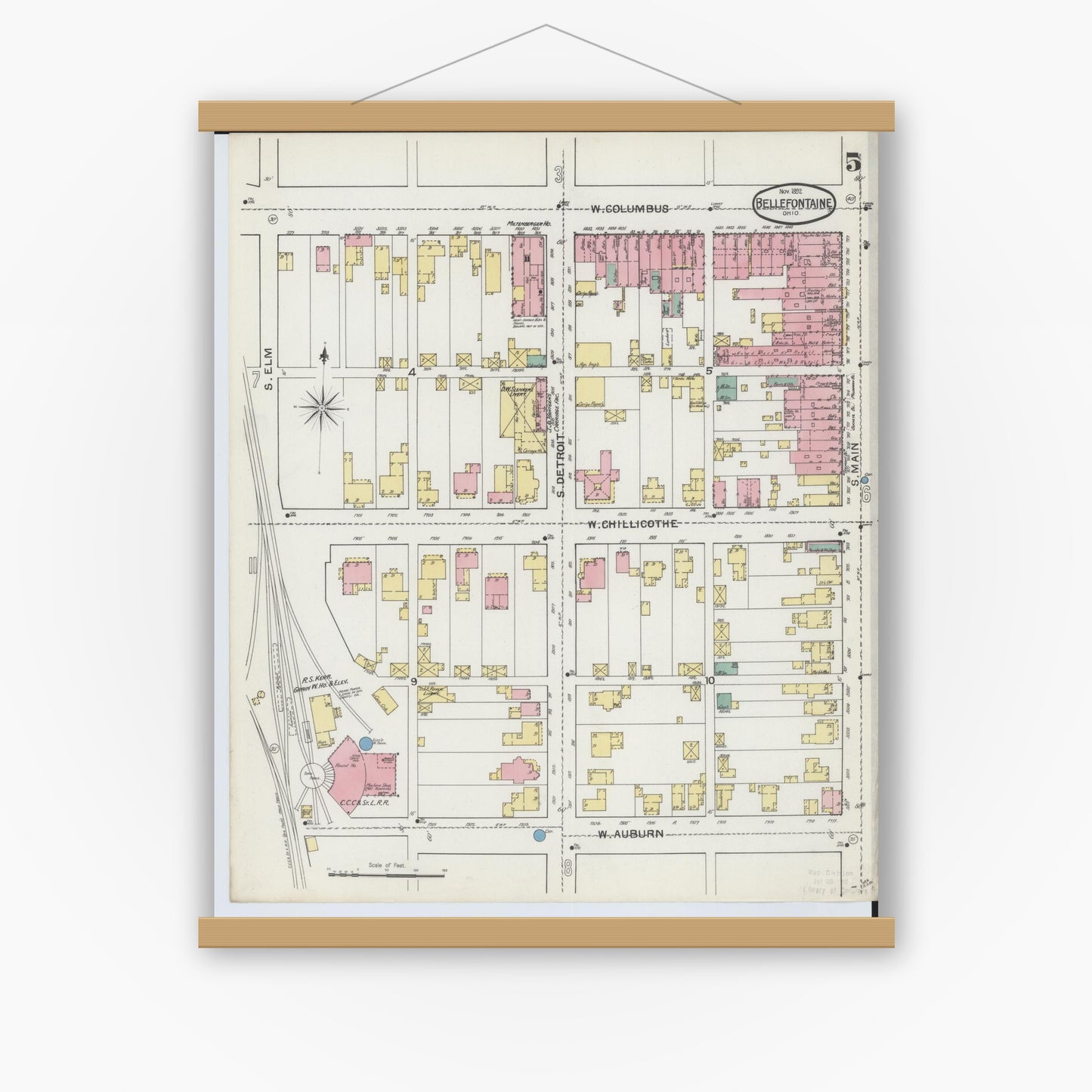 Old map wall art mockup — magnetic wood frame on white wall — Sanborn Fire Insurance Map from Bellefontaine, Logan County, Ohio (1892), Sheet #0005