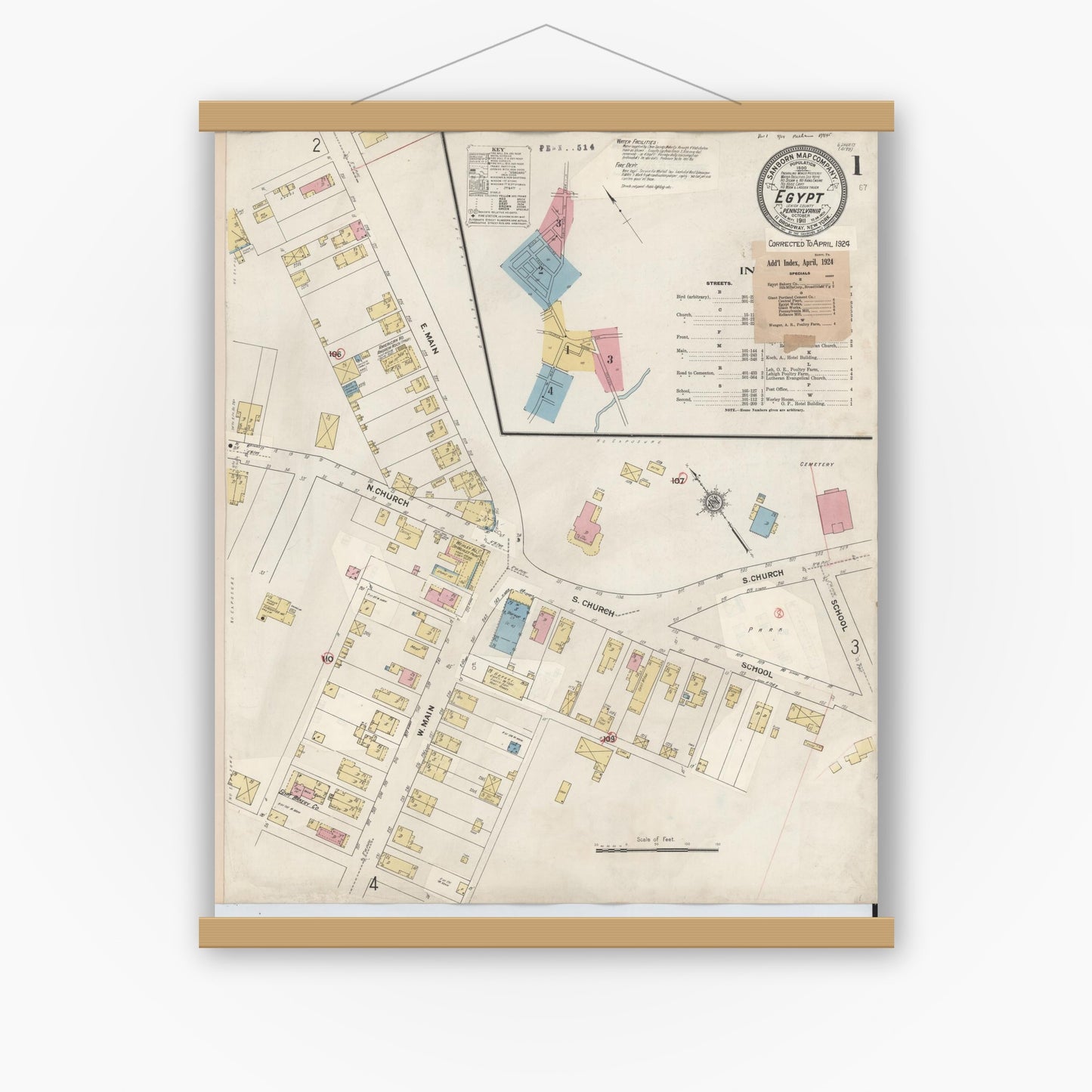 Old map wall art mockup — magnetic wood frame on white wall — Sanborn Fire Insurance Map from Egypt, Lehigh County, Pennsylvania (1924), Sheet #0001