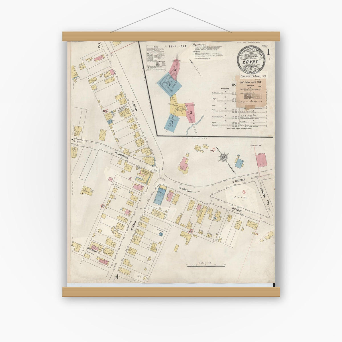 Old map wall art mockup — magnetic wood frame on white wall — Sanborn Fire Insurance Map from Egypt, Lehigh County, Pennsylvania (1924), Sheet #0001