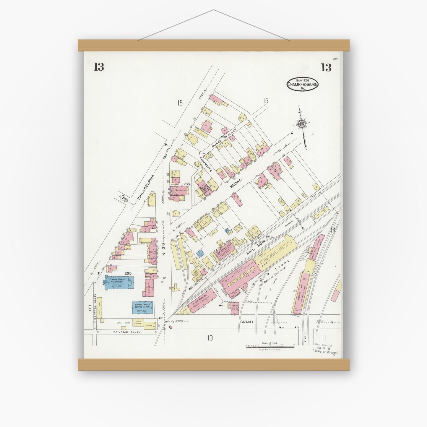 Old map wall art mockup — magnetic wood frame on white wall — Sanborn Fire Insurance Map from Chambersburg, Franklin County, Pennsylvania (1924), Sheet #0013