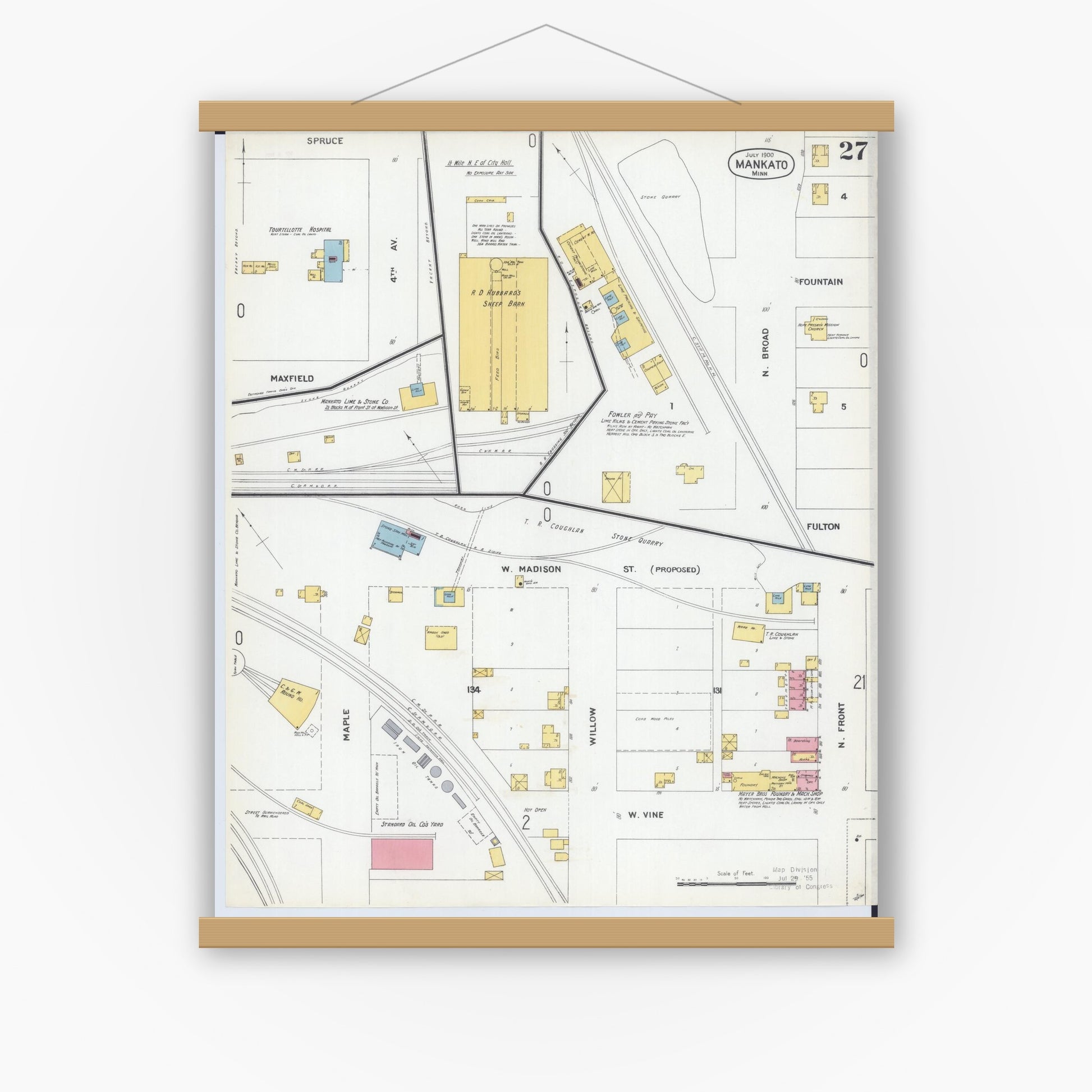 Old map wall art mockup — magnetic wood frame on white wall — Sanborn Fire Insurance Map from Mankato, Blue Earth County, Minnesota (1900), Sheet #0027