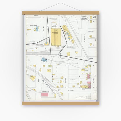 Old map wall art mockup — magnetic wood frame on white wall — Sanborn Fire Insurance Map from Mankato, Blue Earth County, Minnesota (1900), Sheet #0027