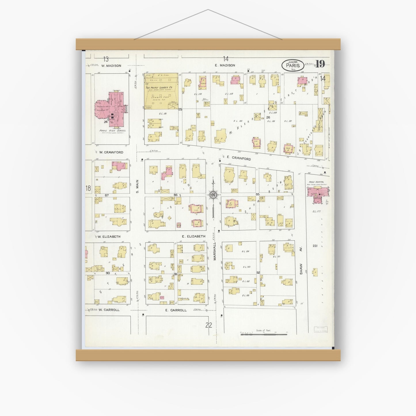 Old map wall art mockup — magnetic wood frame on white wall — Sanborn Fire Insurance Map from Paris, Edgar County, Illinois (1916), Sheet #0019