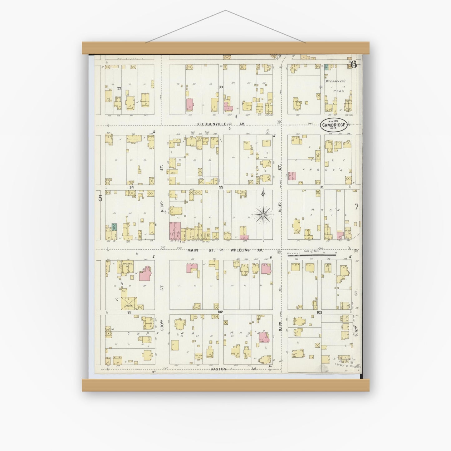 Old map wall art mockup — magnetic wood frame on white wall — Sanborn Fire Insurance Map from Cambridge, Guernsey County, Ohio (1897), Sheet #0006