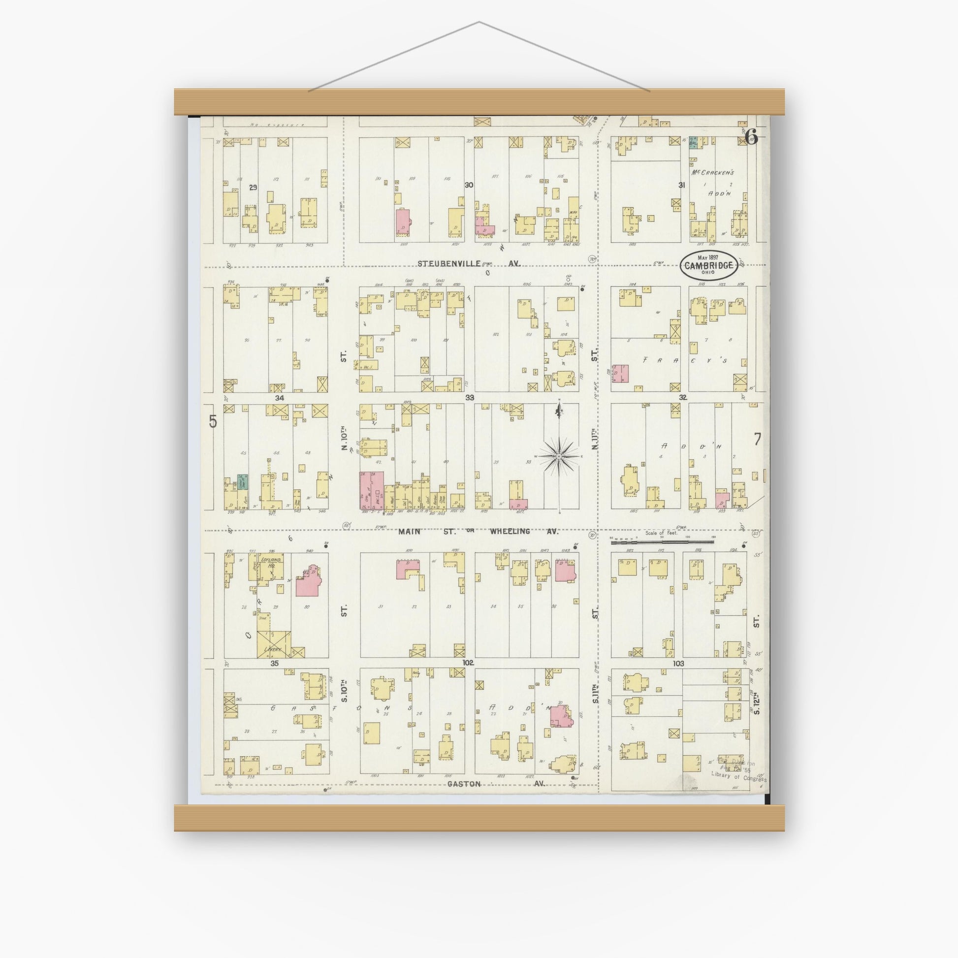 Old map wall art mockup — magnetic wood frame on white wall — Sanborn Fire Insurance Map from Cambridge, Guernsey County, Ohio (1897), Sheet #0006
