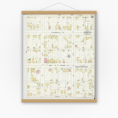 Old map wall art mockup — magnetic wood frame on white wall — Sanborn Fire Insurance Map from Cambridge, Guernsey County, Ohio (1897), Sheet #0006