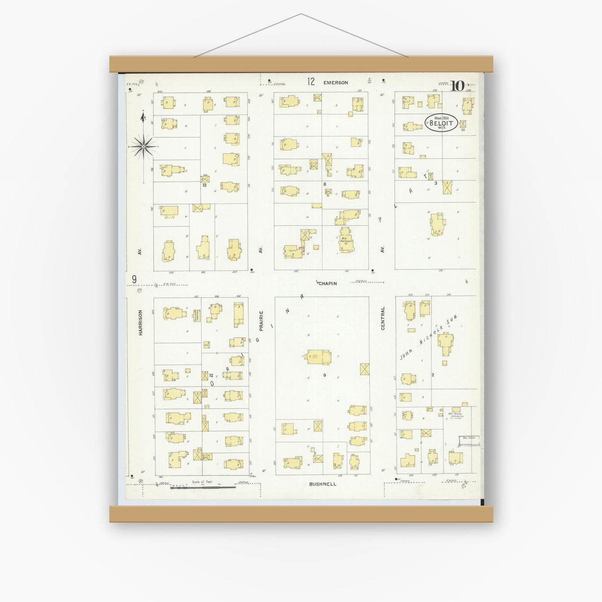 Old map wall art mockup — magnetic wood frame on white wall — Sanborn Fire Insurance Map from Beloit, Rock County, Wisconsin (1908), Sheet #0010