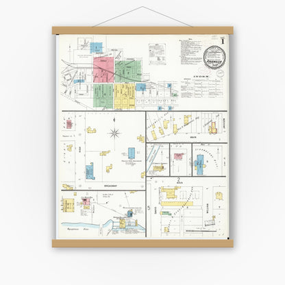 Old map wall art mockup — magnetic wood frame on white wall — Sanborn Fire Insurance Map from Anamosa, Jones County, Iowa (1899) â€” Complete Set