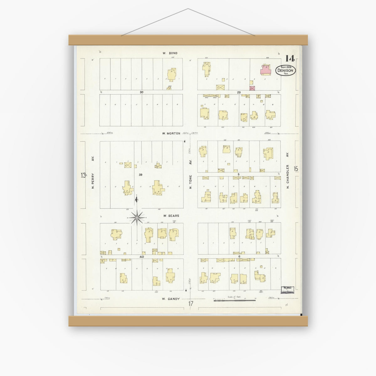 Old map wall art mockup — magnetic wood frame on white wall — Sanborn Fire Insurance Map from Denison, Grayson County, Texas (1908), Sheet #0014