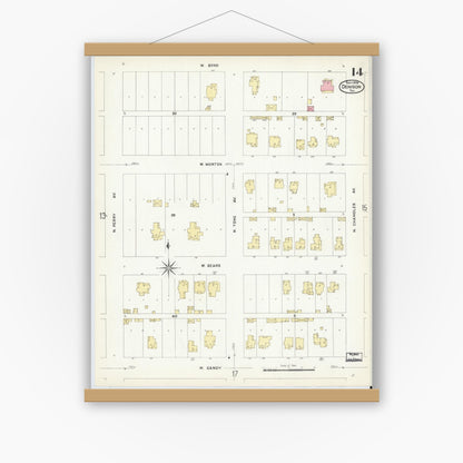 Old map wall art mockup — magnetic wood frame on white wall — Sanborn Fire Insurance Map from Denison, Grayson County, Texas (1908), Sheet #0014